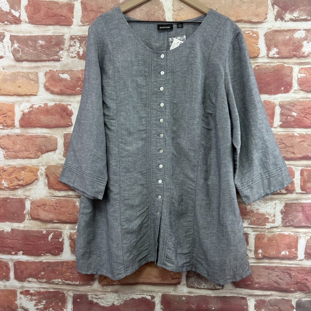 Avenue Top Women's 22/24 Gray Linen Blend Slubbed Casual Button Up Tunic Blouse